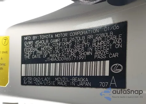 2006 Lexus Es 330 из США, поврежденный, VIN JTHBA30G965171991